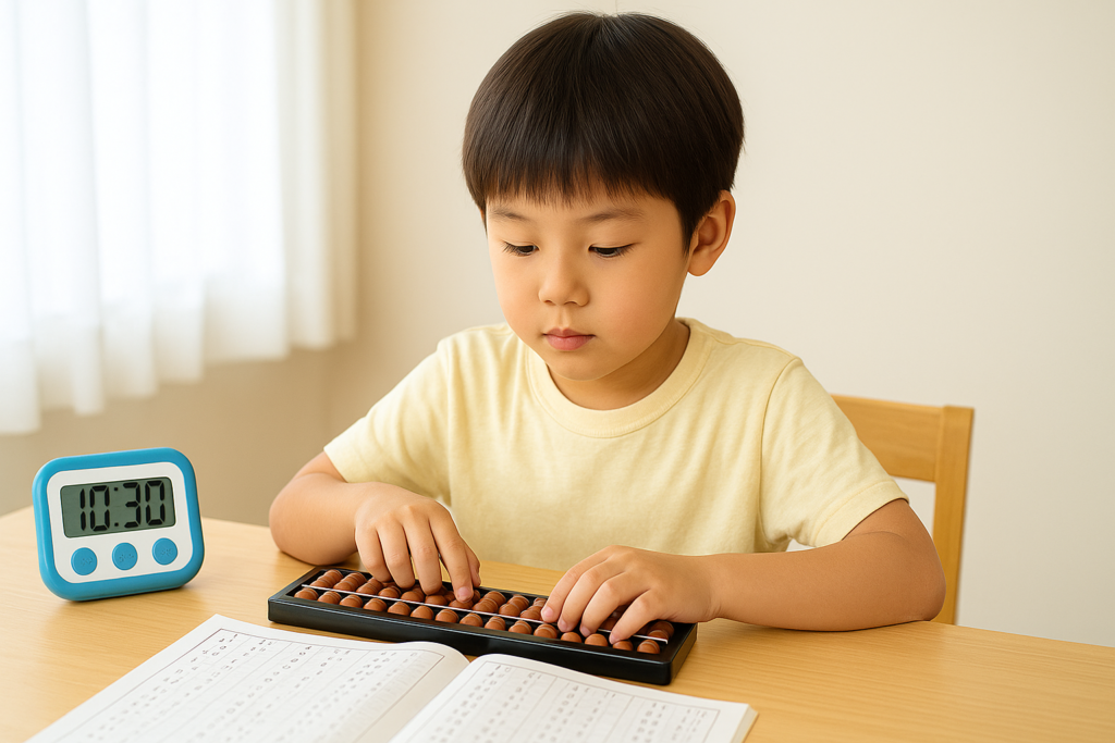 タイマーを用意してそろばんの練習をする子供