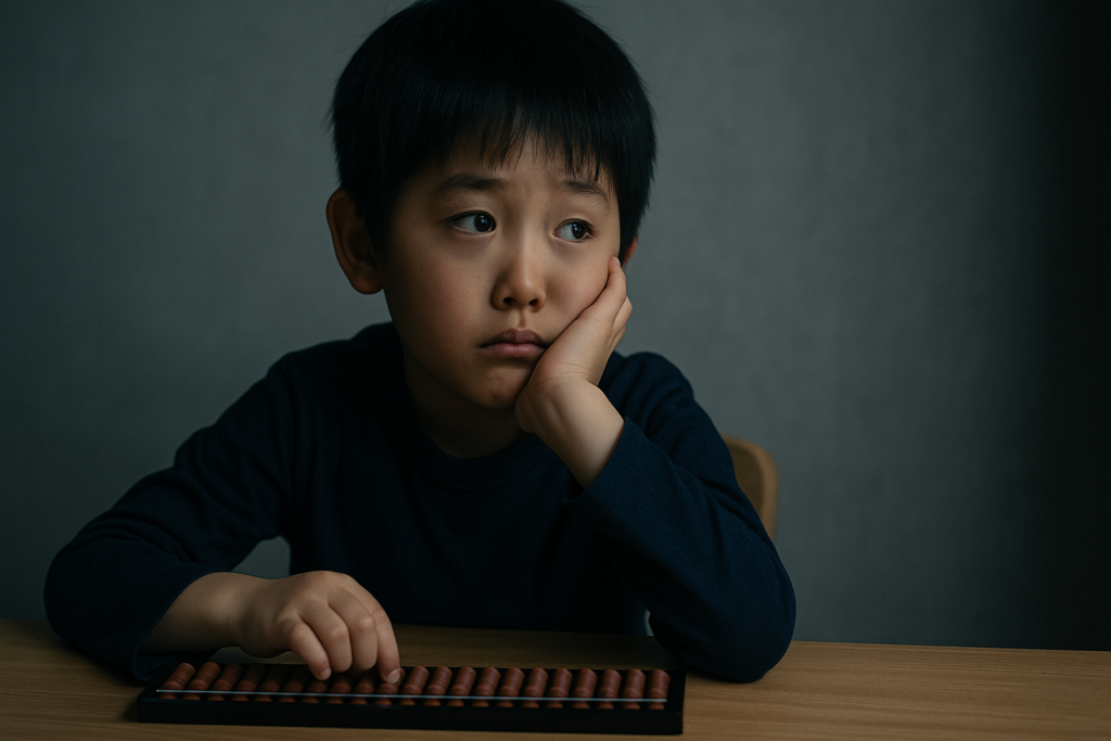 頬杖をつきよそ見をしながらそろばんを触る子供